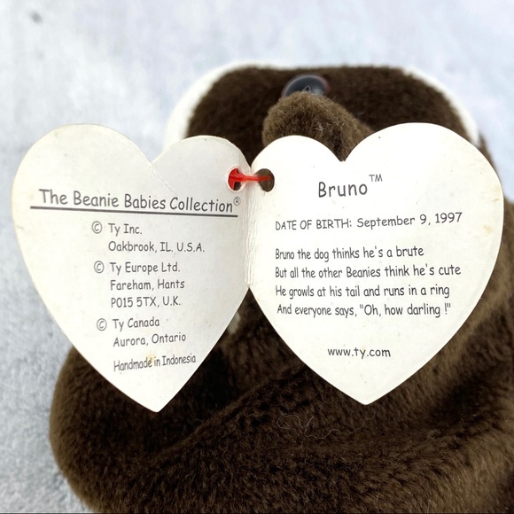 Ty Beanie Babies Bull Terrier Full Body Beanbag Plush 'Bruno' Brown & White 1997 - Picture 8 of 13
